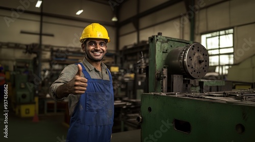 Indian male industrial worker giving a thumbs up while working on a green machine, positive gesture, factory environment, machinery in action