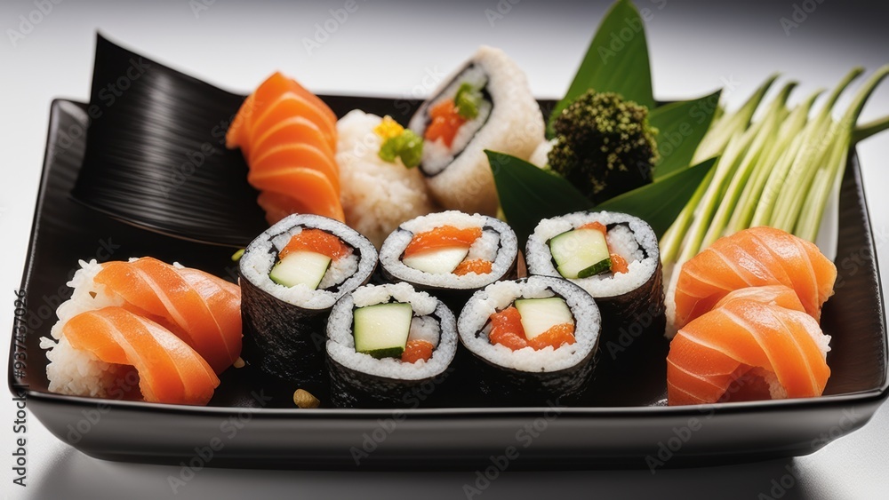 Assorted Japanese sushi on a classic tray fresh salmon nigiri maki rolls and garnished with cucumber wasabi pickled ginger; served with a side of nori for dipping. Assorted Japanese sushi on a classic tray fresh salmon nigiri maki rolls and garnished with cucumber wasabi pickled ginger; served with a side of nori for dipping.