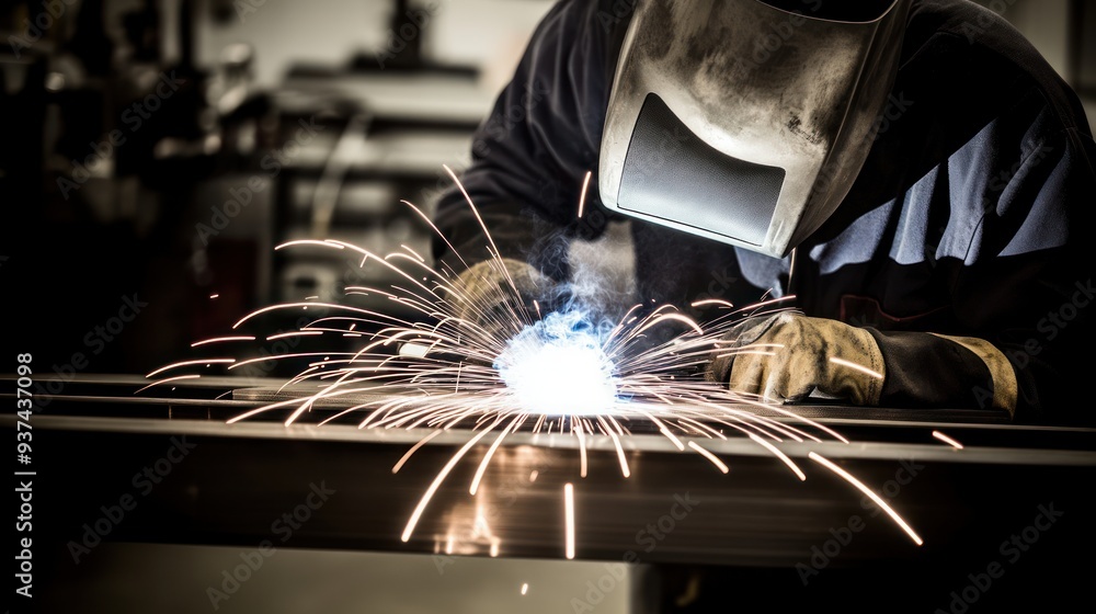 Industrial worker welding metal and sparks lighting up the scene as they hit the metal, industrial setting, metalworking, intense sparks Industrial worker welding metal and sparks lighting up the scene as they hit the metal, industrial setting, metalworking, intense sparks