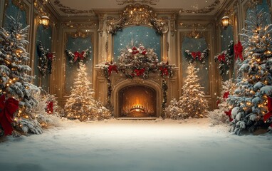Festive Christmas fireplace Winter and Christmas holidays background