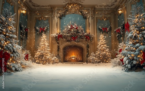 Festive Christmas fireplace Winter and Christmas holidays background
