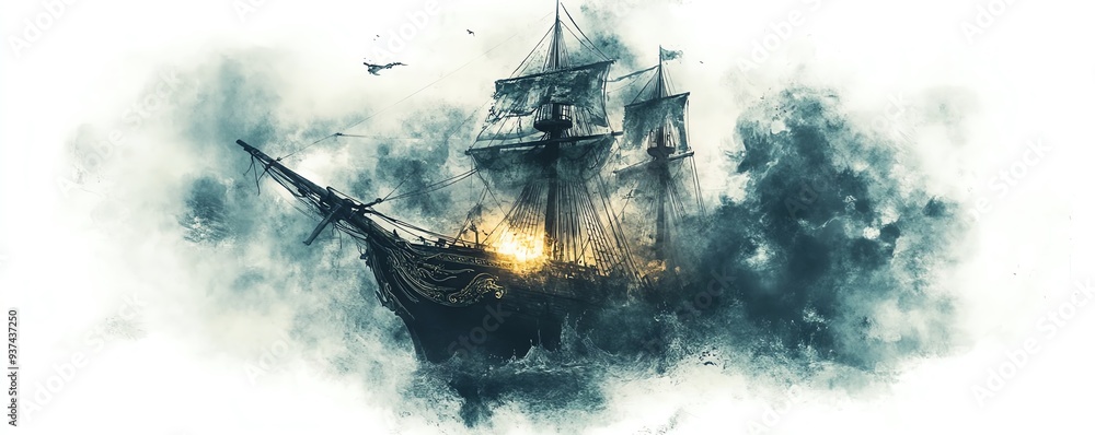 Fototapeta premium Pirate ghost ship, navigating through cursed waters, spectral glow, Watercolor style, isolated on white background