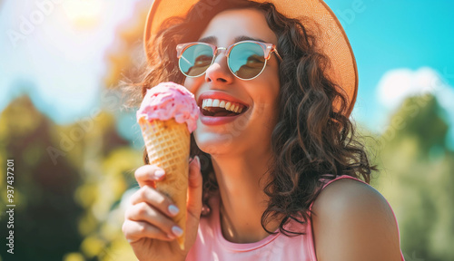 a woman enjoy ice cream on sunny day
