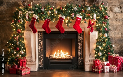 Festive Christmas fireplace Winter and Christmas holidays background