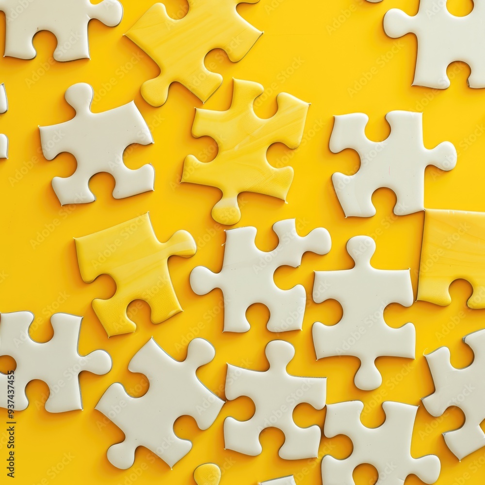 The image of the puzzle pieces randomly scattered on a bright yellow background creates a playful and attractive visual concept. The image of the puzzle pieces randomly scattered on a bright yellow background creates a playful and attractive visual concept.