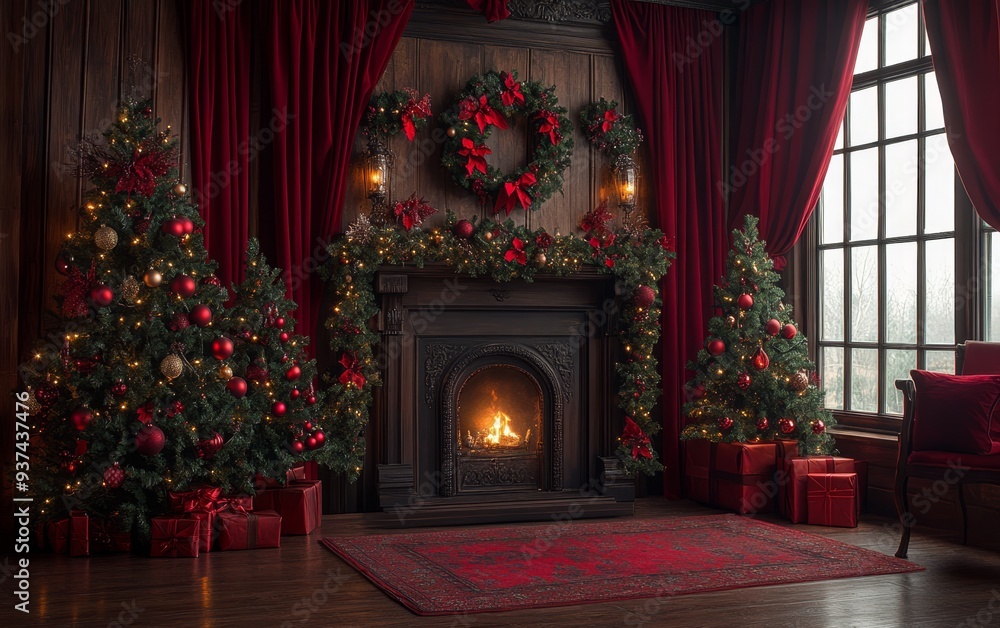Festive Christmas fireplace Winter and Christmas holidays background Festive Christmas fireplace Winter and Christmas holidays background