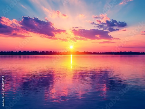 Stunning Sunset Over a Calm Lake with Pink and Purple Skies - Photo