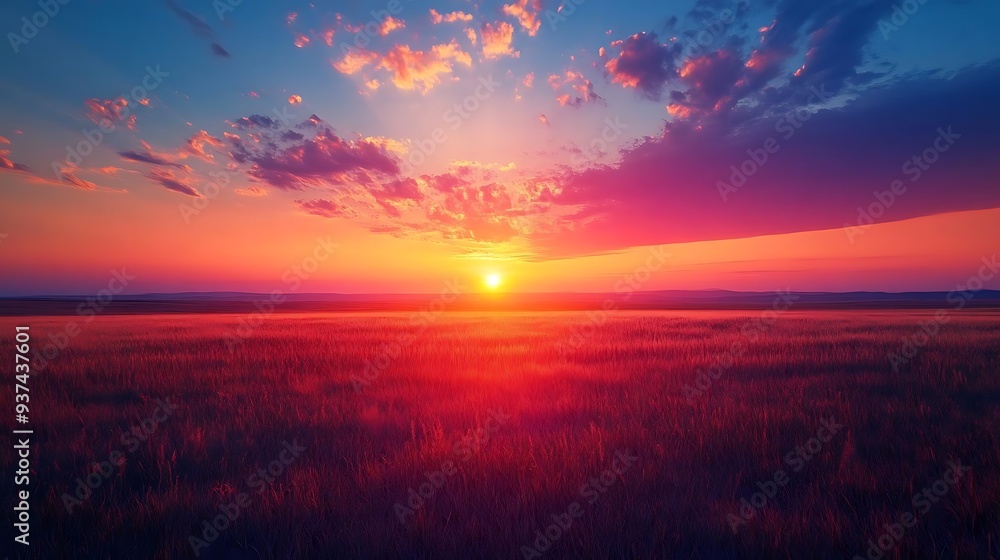 Fototapeta premium Vibrant Sunset Over a Field of Grass - A Realistic Image