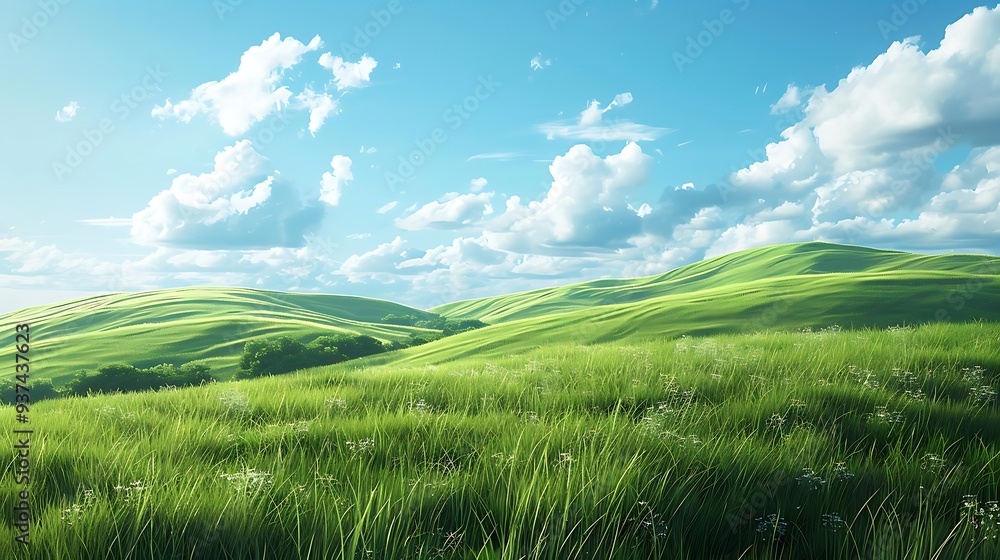 Fototapeta premium A serene landscape featuring rolling green hills under a blue sky with fluffy clouds.