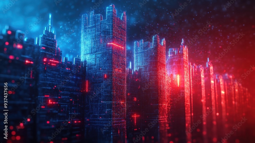 Naklejka premium A futuristic cityscape with glowing towers in blue and red lights, creating a vibrant and immersive digital atmosphere.