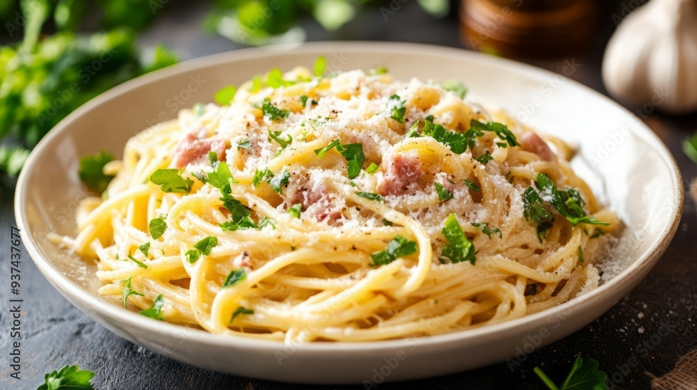 A plate of creamy pasta with a sprinkle of parmesan cheese and chopped parsley. A plate of creamy pasta with a sprinkle of parmesan cheese and chopped parsley.