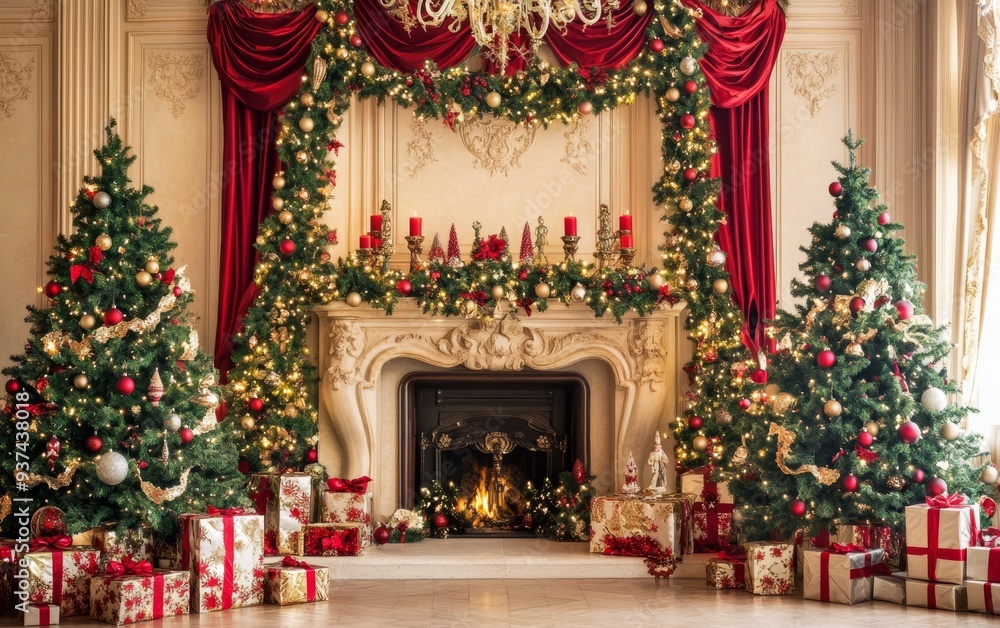 Fototapeta premium Festive Christmas fireplace Winter and Christmas holidays background