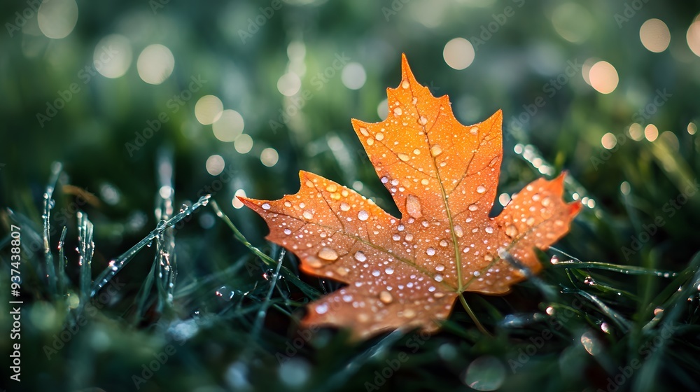 A close-up of a single vibrant orange maple leaf resting on a bed of dewy grass, with droplets of water shimmering in the morning light A close-up of a single vibrant orange maple leaf resting on a bed of dewy grass, with droplets of water shimmering in the morning light