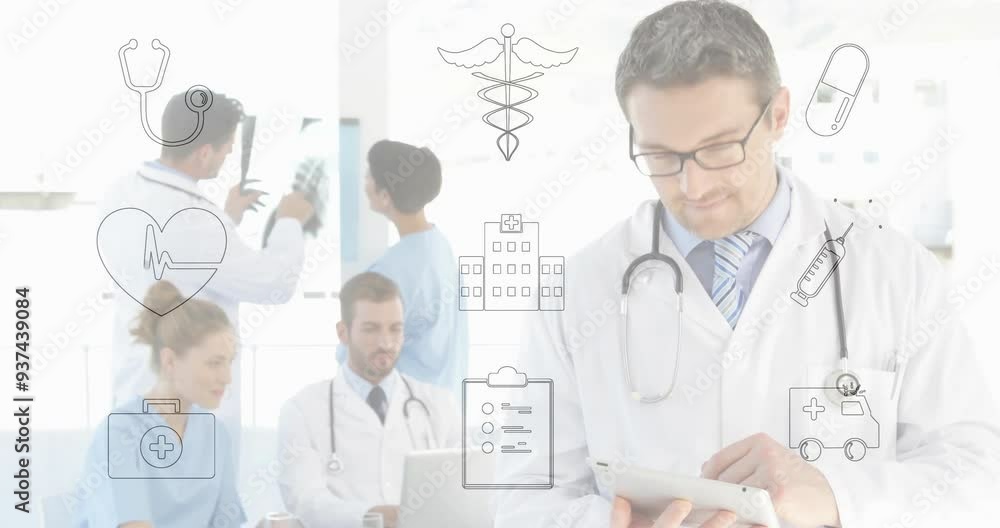 Doctors in hospital working, animated medical icons overlaying their activities Doctors in hospital working, animated medical icons overlaying their activities