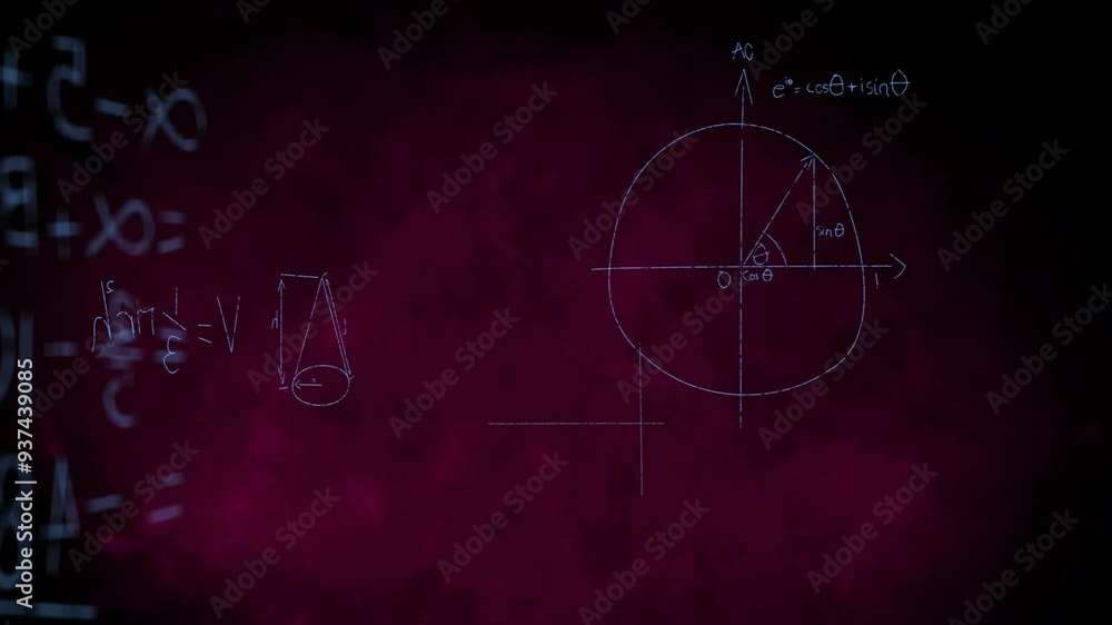 Mathematical equations and geometric shapes animation over dark red background Mathematical equations and geometric shapes animation over dark red background