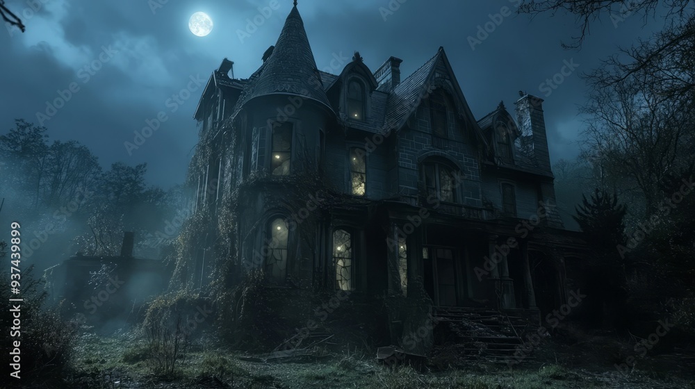 A large, Victorian house silhouetted against a moonlit sky A large, Victorian house silhouetted against a moonlit sky
