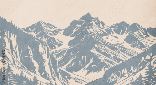 Mountain landscape. Vector graphics. Logo design for use in graphics. T-shirt print, tattoo design. Minimalist illustration for printing on wall decorations. Vintage grunge old .