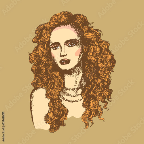 Girl with long wavy hair. Sketch, outline. Vector illustration