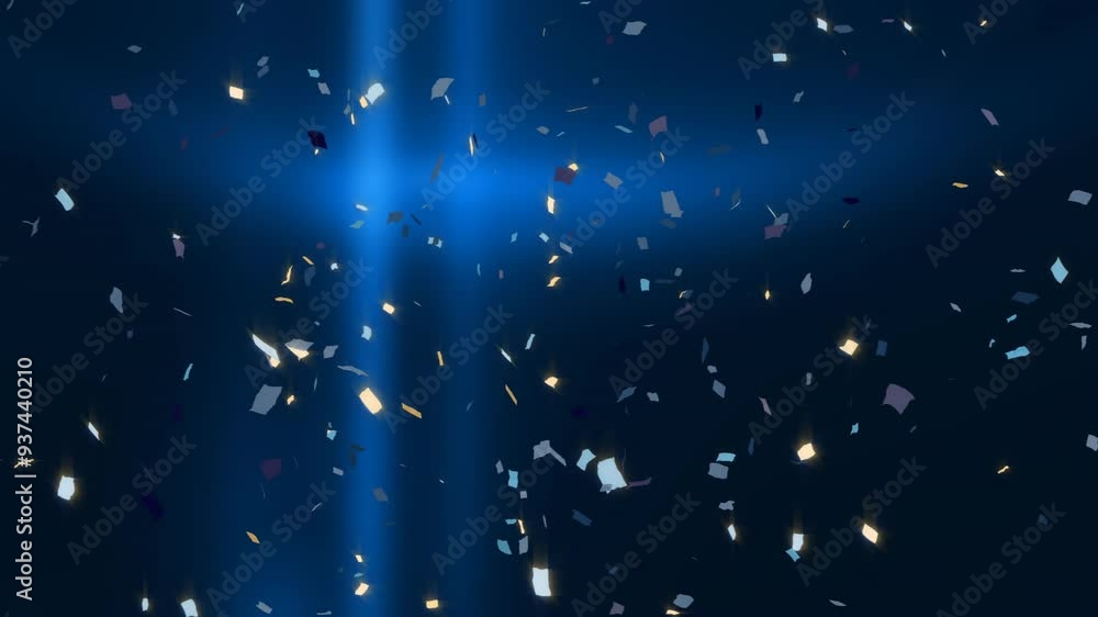 Confetti falling animation over blue light beams on dark background Confetti falling animation over blue light beams on dark background