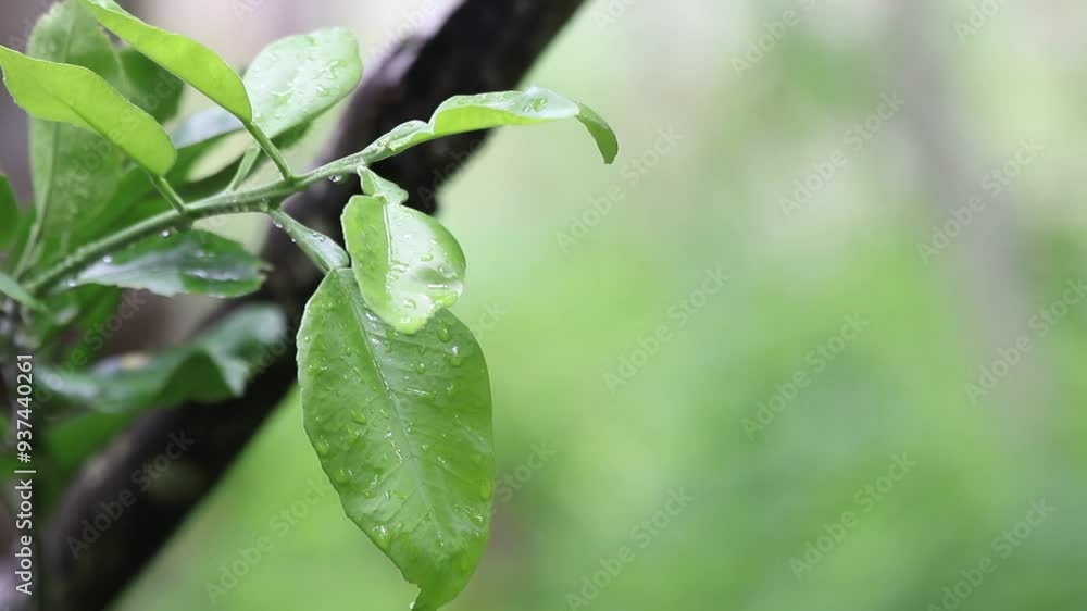fresh green leaf branch in the garden after the rain in the morning , fresh time after raining concept with blurry plant background fresh green leaf branch in the garden after the rain in the morning , fresh time after raining concept with blurry plant background