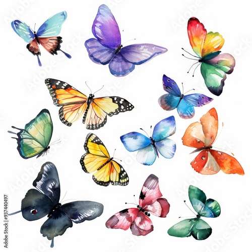 Colorful butterflies watercolor isolated on white background