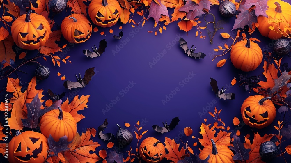 Dark and festive Halloween background featuring glowing jack-o'-lanterns, bats, and autumn leaves against a purple backdrop. Dark and festive Halloween background featuring glowing jack-o'-lanterns, bats, and autumn leaves against a purple backdrop.