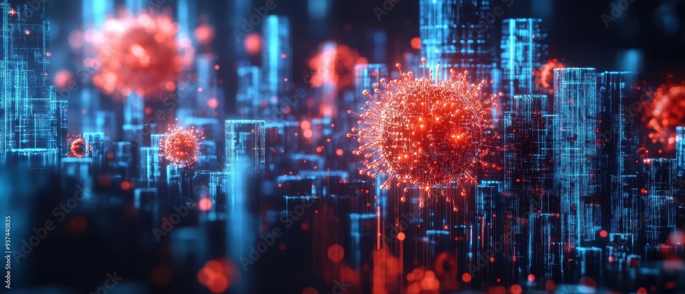 Abstract representation of viruses in a digital cityscape, showcasing the intersection of technology and health in a striking visual. Abstract representation of viruses in a digital cityscape, showcasing the intersection of technology and health in a striking visual.
