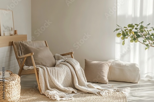 Cozy interior with wooden chair and soft blanket in sunlight