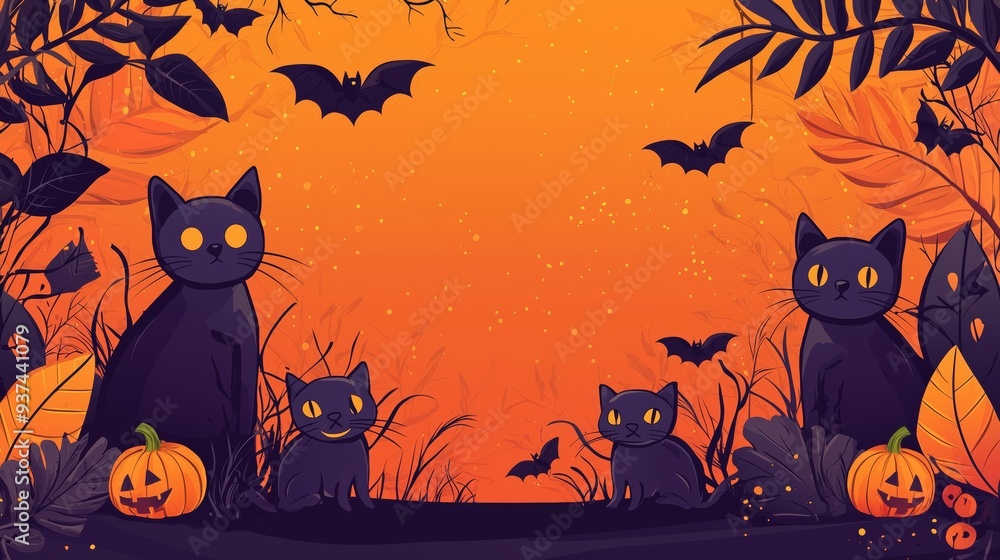Spooky Halloween background with black cats, pumpkins, and bats set against a glowing orange sky, perfect for festive designs. Spooky Halloween background with black cats, pumpkins, and bats set against a glowing orange sky, perfect for festive designs.