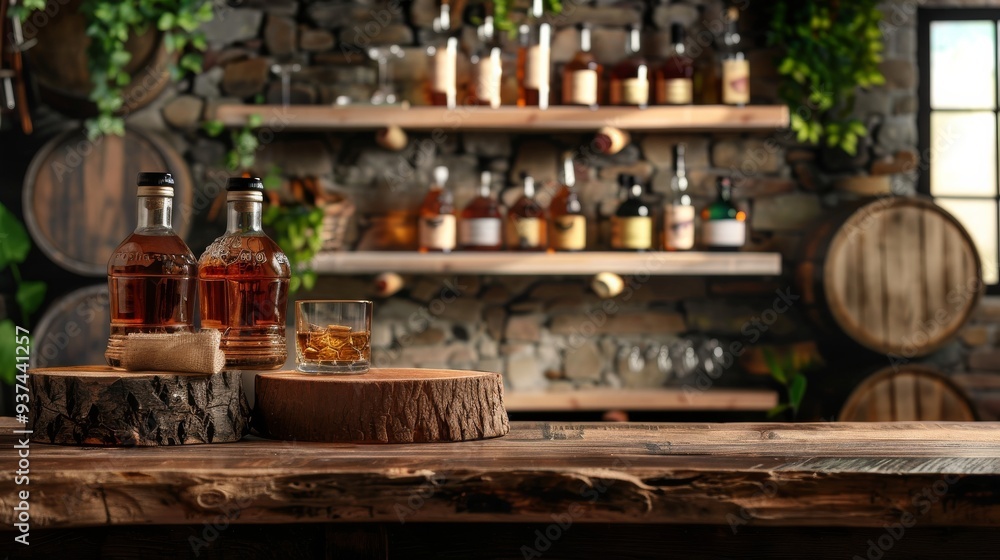 Rum and brandy bottles and whiskey glasses on raw wood bar counter or showcase. Natural stumps, burlap, oak barrel and rustic serving boards Rum and brandy bottles and whiskey glasses on raw wood bar counter or showcase. Natural stumps, burlap, oak barrel and rustic serving boards