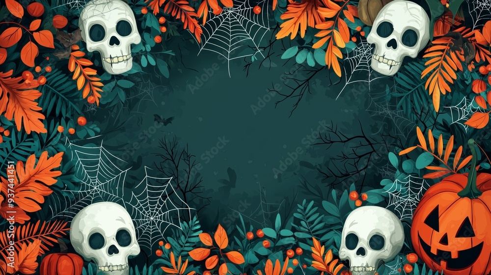 Festive Halloween background featuring skulls, autumn leaves, pumpkins, and spider webs, creating a colorful and spooky theme. Festive Halloween background featuring skulls, autumn leaves, pumpkins, and spider webs, creating a colorful and spooky theme.