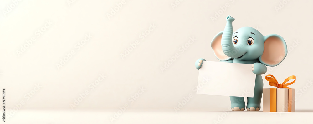 A cheerful cartoon elephant holding a blank sign beside a gift box, perfect for children's themes and celebration concepts. A cheerful cartoon elephant holding a blank sign beside a gift box, perfect for children's themes and celebration concepts.