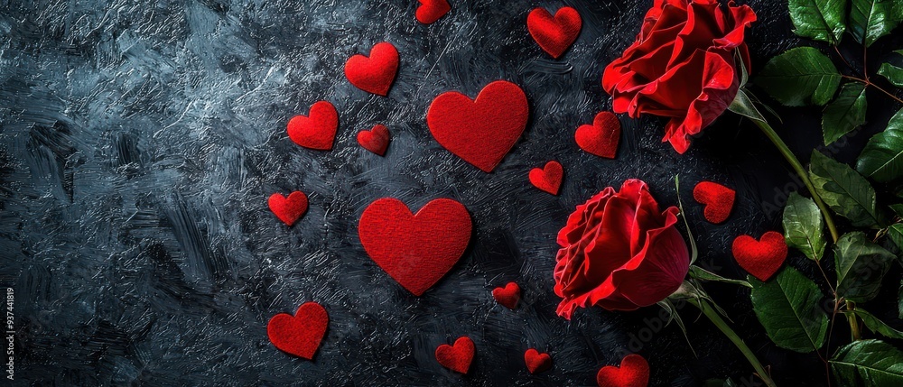 Romantic Red Rose and Hearts on Dark Background Romantic Red Rose and Hearts on Dark Background