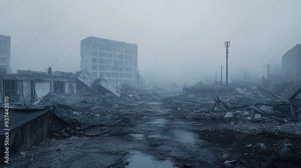 Echoes of Urban Decay: A Dramatic Poster of Ruin and Loss, Featuring Shattered Concrete and a Fog-Blanketed Landscape for Sports Interior Inspiration Echoes of Urban Decay: A Dramatic Poster of Ruin and Loss, Featuring Shattered Concrete and a Fog-Blanketed Landscape for Sports Interior Inspiration
