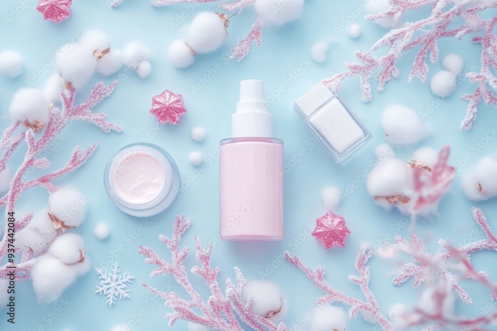 photo of cosmetic bottles on pastel background of snowflakes and cotton branches photo of cosmetic bottles on pastel background of snowflakes and cotton branches