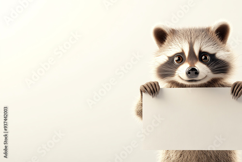 A cheerful raccoon holds a blank sign, perfect for adding messages or promotions. Ideal for marketing and creative projects. photo