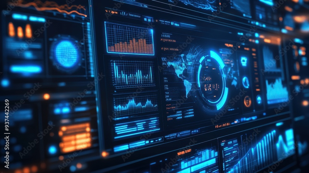 Futuristic digital dashboard displaying data metrics, graphs, and visual analytics in vibrant blue and orange hues. Futuristic digital dashboard displaying data metrics, graphs, and visual analytics in vibrant blue and orange hues.
