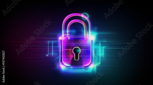 Glowing neon lock icon symbolizing uncompressed digital protection in the technological age . photo