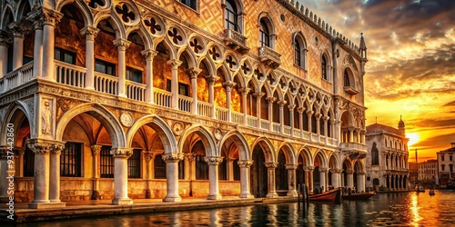 Venetian Red ancient architecture, intricate carvings, warm golden light, rich textures, mysterious ambiance, historic grandeur