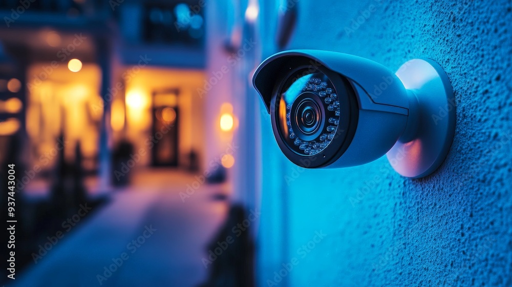 Advanced Home Security Camera Monitoring a Modern House at Night Advanced Home Security Camera Monitoring a Modern House at Night