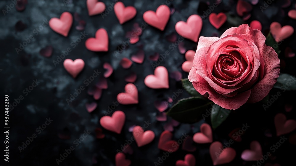 Romantic Rose and Heart-Shaped Confetti on Dark Background Romantic Rose and Heart-Shaped Confetti on Dark Background