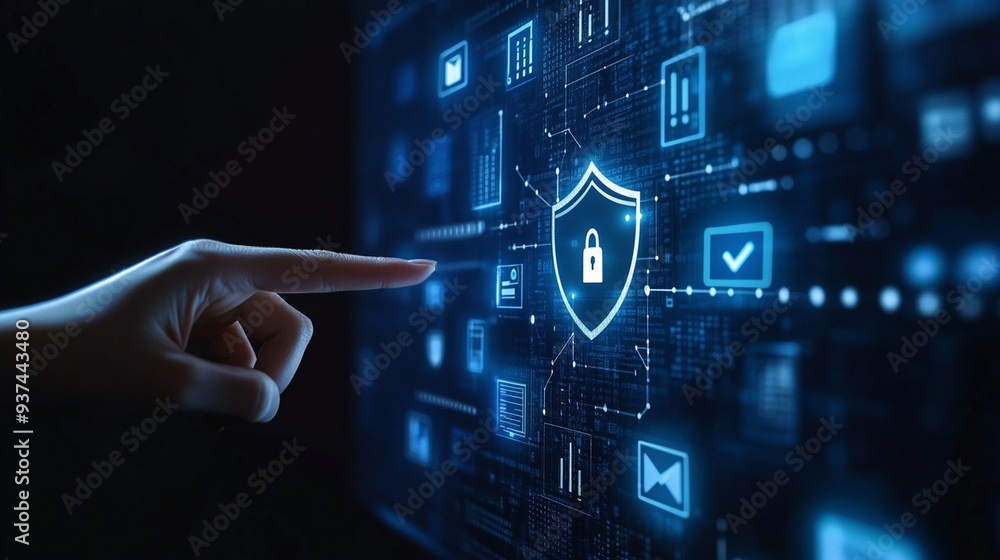 Touching Digital Security: Hand Interacting with Virtual Shield, Lock, and Data Protection Icons on Dark Blue Background Touching Digital Security: Hand Interacting with Virtual Shield, Lock, and Data Protection Icons on Dark Blue Background