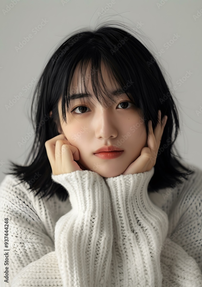 Portrait of Young Asian Woman Wearing White Sweater Portrait of Young Asian Woman Wearing White Sweater
