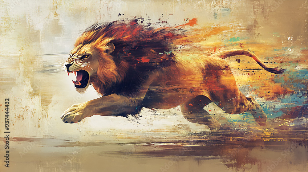 Φωτογραφία Artistic Style Painting of A Hunting Lion Running Lion Aspect 16:9 Perfect for W