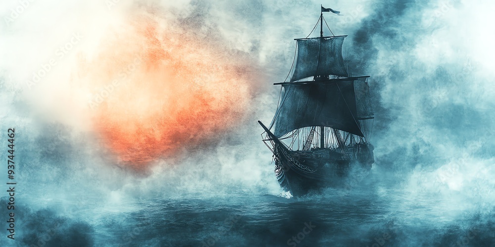 Cursed pirate ship, sailing through an eerie sea of mist, ghostly glow, Watercolor style, isolated on white background Cursed pirate ship, sailing through an eerie sea of mist, ghostly glow, Watercolor style, isolated on white background