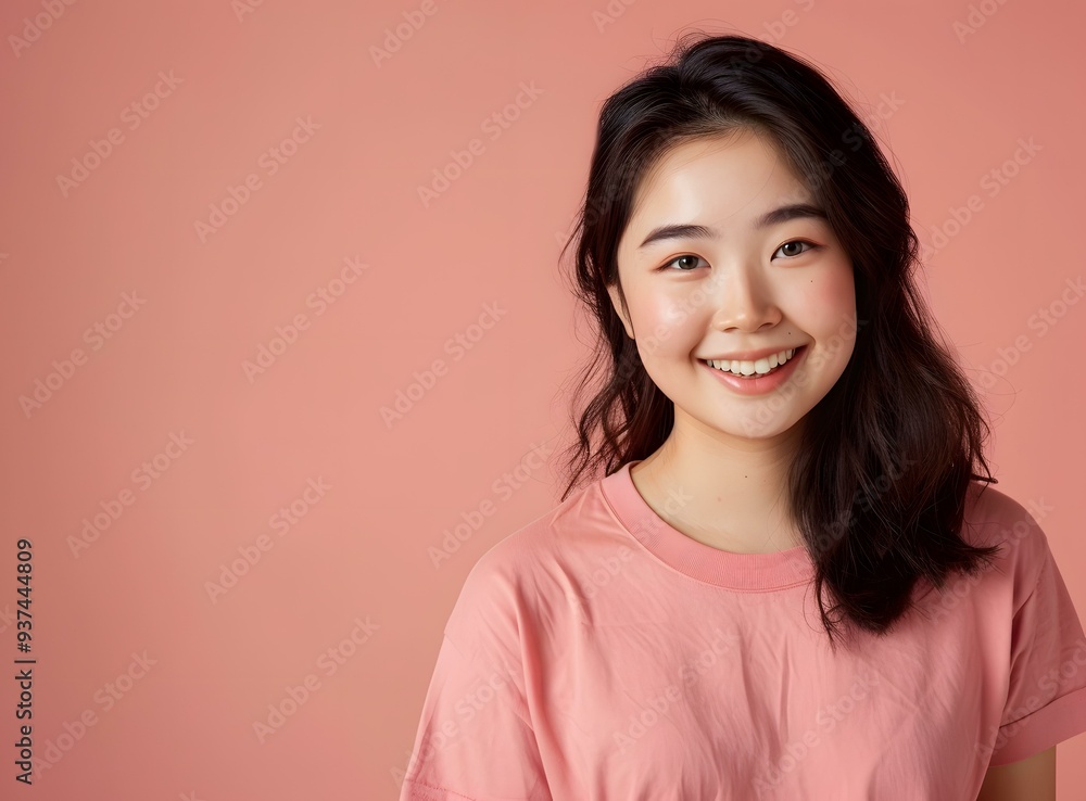 Smiling Asian Woman Wearing Pink T-Shirt Against a Pink Background Smiling Asian Woman Wearing Pink T-Shirt Against a Pink Background