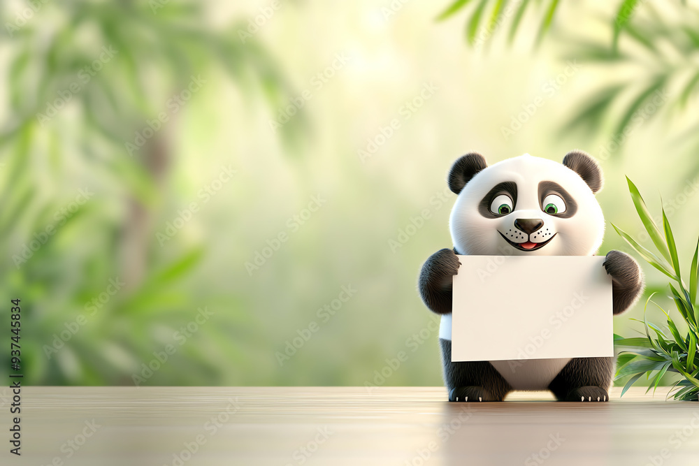 Charming panda toy holding a blank sign, set against a lush, green backdrop, perfect for playful or nature-themed visuals. Charming panda toy holding a blank sign, set against a lush, green backdrop, perfect for playful or nature-themed visuals.
