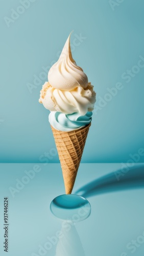 Three colorful scoops of vanilla lemon or strawberry and white ice cream on a light blue cone against a teal-to-grey gradient background.