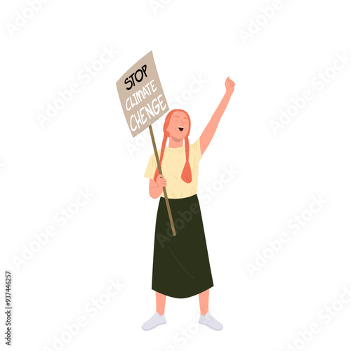 Young hipster girl eco activist character sanding with placard encouraging to stop climate change