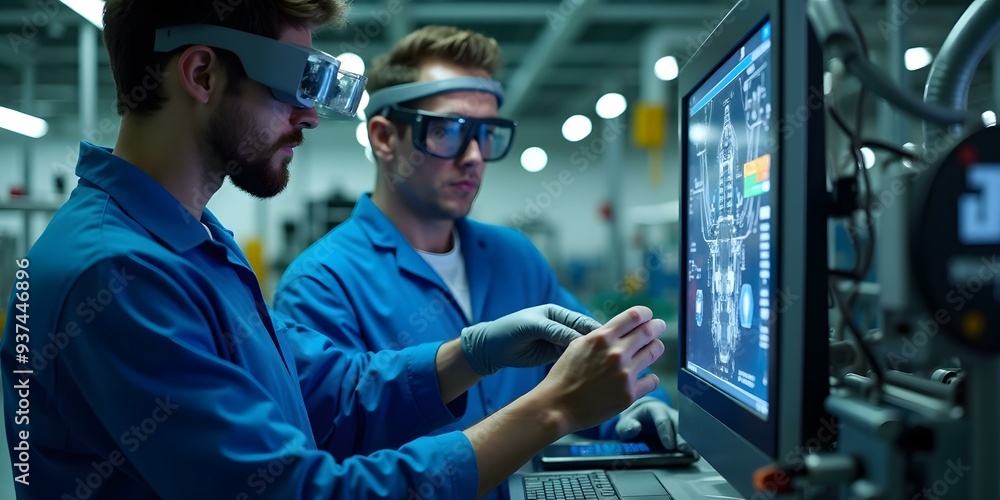 Two Caucasian Men Wearing Augmented Reality Glasses in a Factory Setting Two Caucasian Men Wearing Augmented Reality Glasses in a Factory Setting